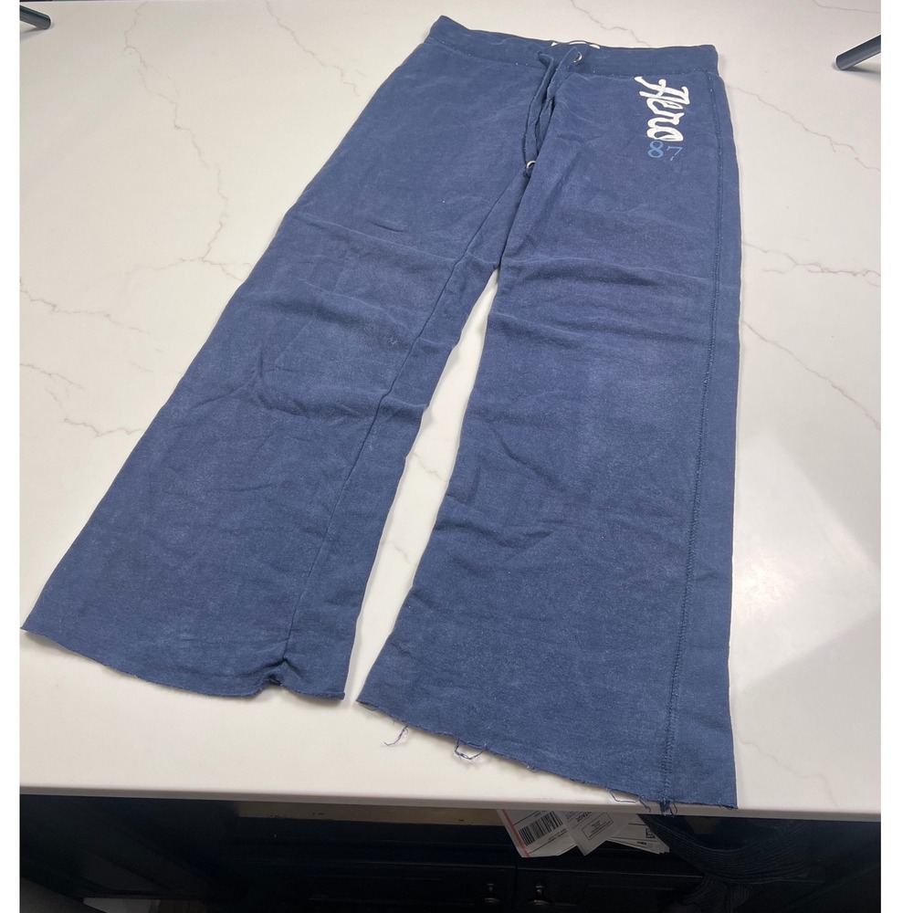 Aeropostale Sweatpants Womens Small Navy Blue Aero 87 Raw Hem Wide Leg Flare